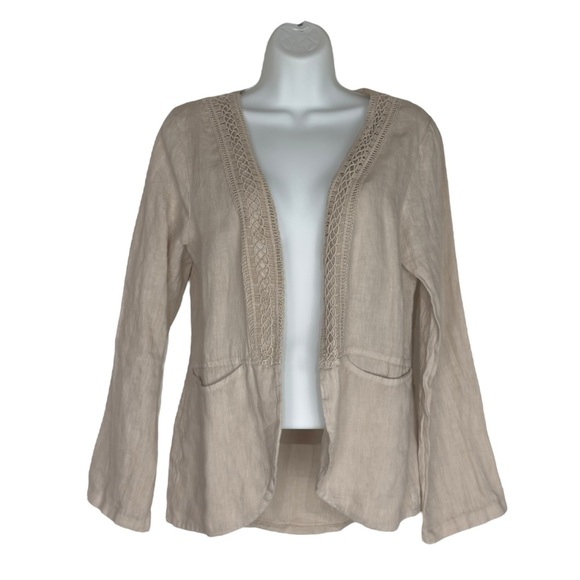 Lungo L’Arno Tops - NWT Lungo L’Arno Beige Lace Trimmed Open Front Linen Cardigan Medium